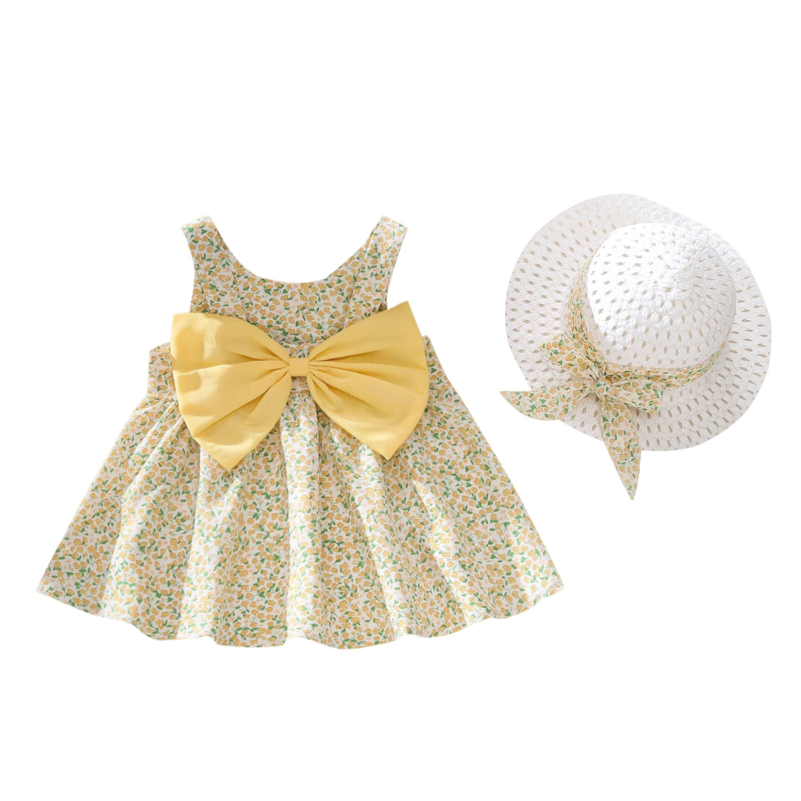 JSCDRPDWL Flower Girl Dress Toddler Girls Child Sleeveless Floral Prints Summer Beach Sundress Party Dresses Princess Dress Hat Toddler Clothes for Girls Yellow 2-3 Years